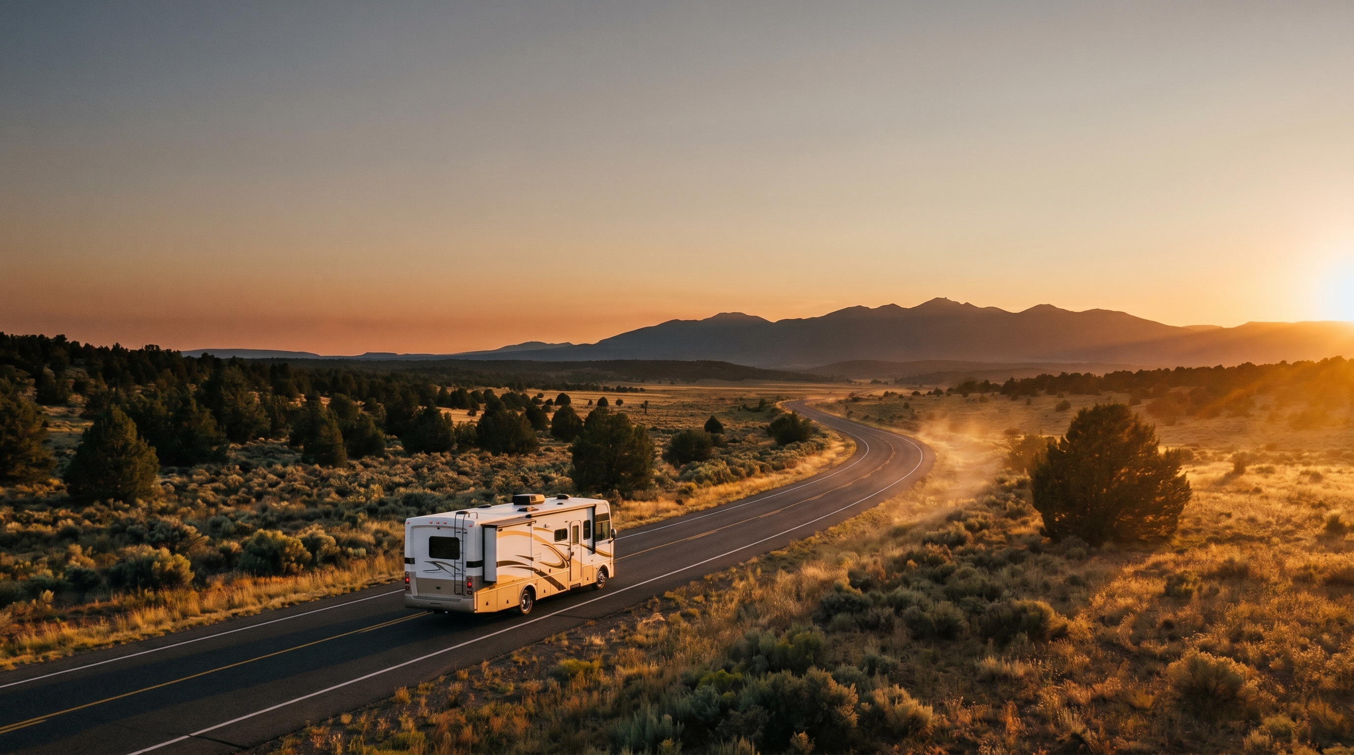 RV on a winding road at sunset — Road Voyage