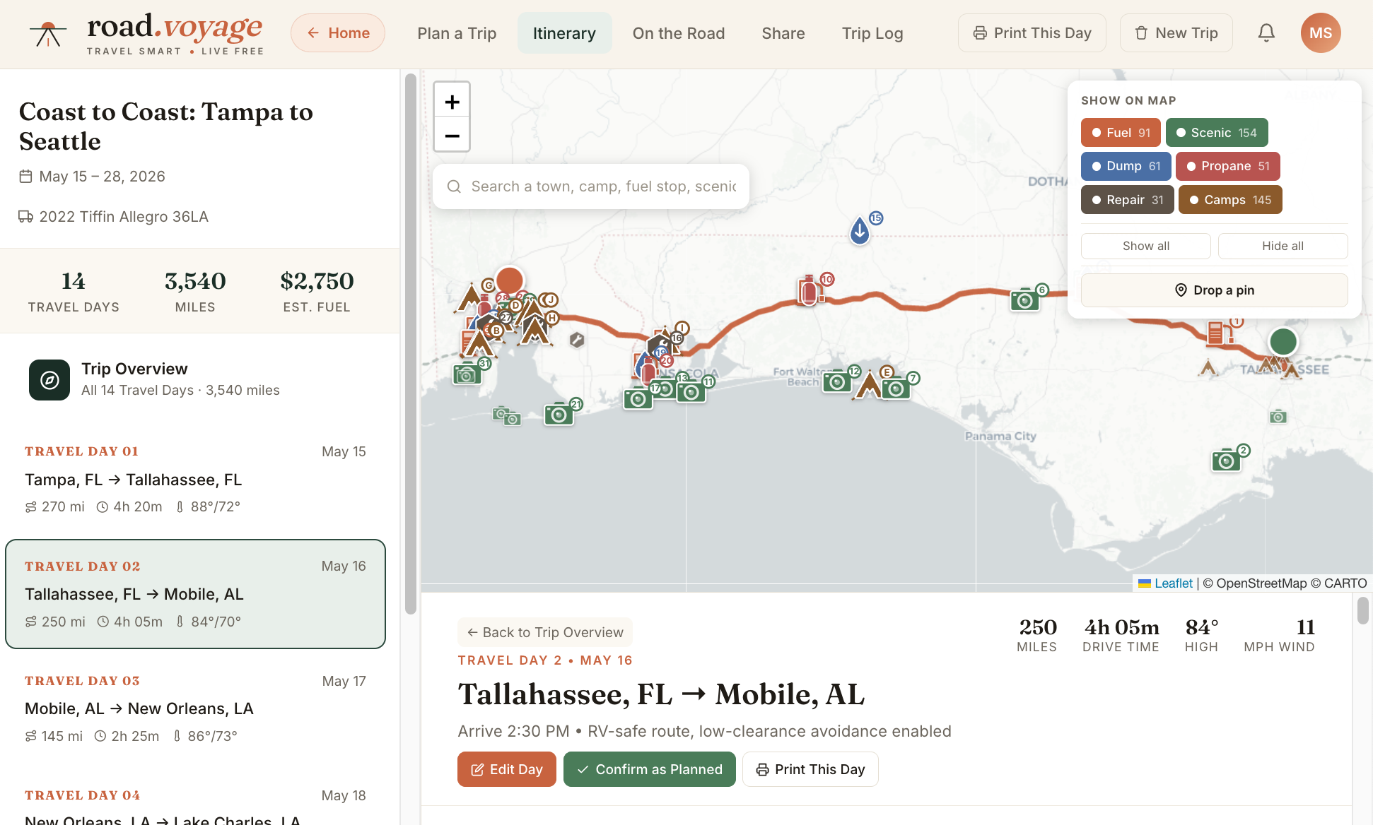 Travel Days directory and trip map showing the Tampa-to-Seattle Coast to Coast trip